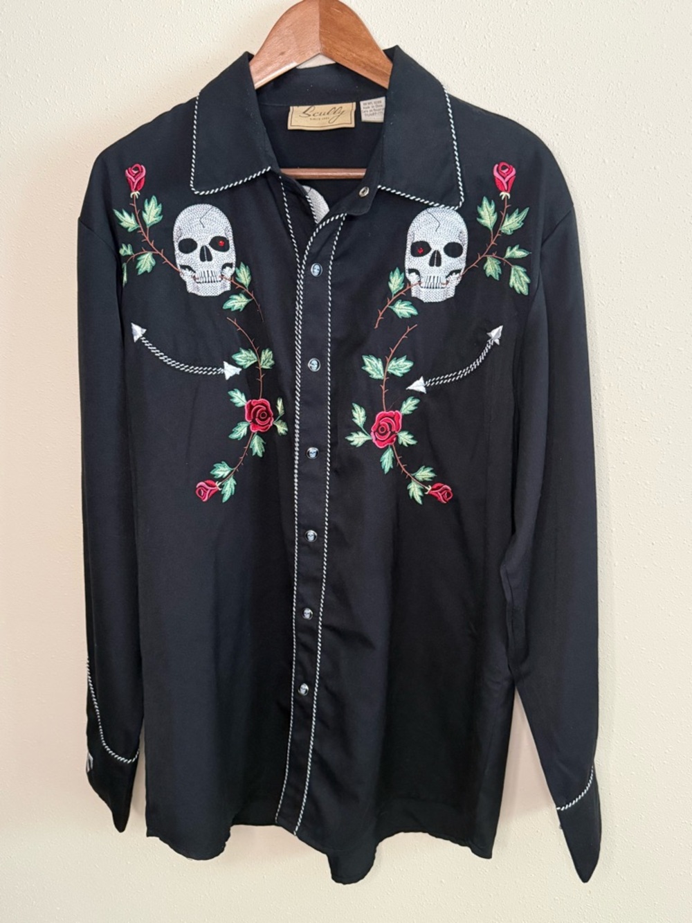 Scully Skull Embroidered Western Shirt Black Roses Oversized L - Picture 9 of 11